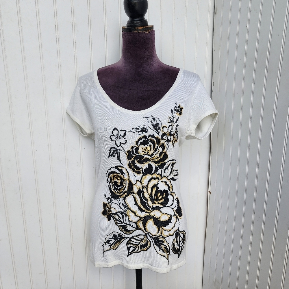 Cache Ivory Knit Black Gold Beaded Embellished Stretch Top Short Sleeve S